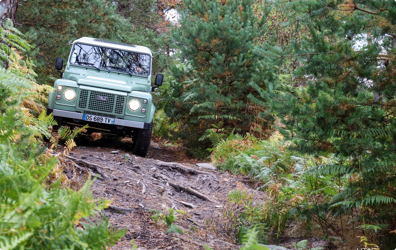 A classic, light green off-road vehicle, possibly a Land Rover Defender, is driving up a steep, rocky or gravelly slope, surrounded by dense greenery and trees. The scene gives the impression of an off-road adventure.