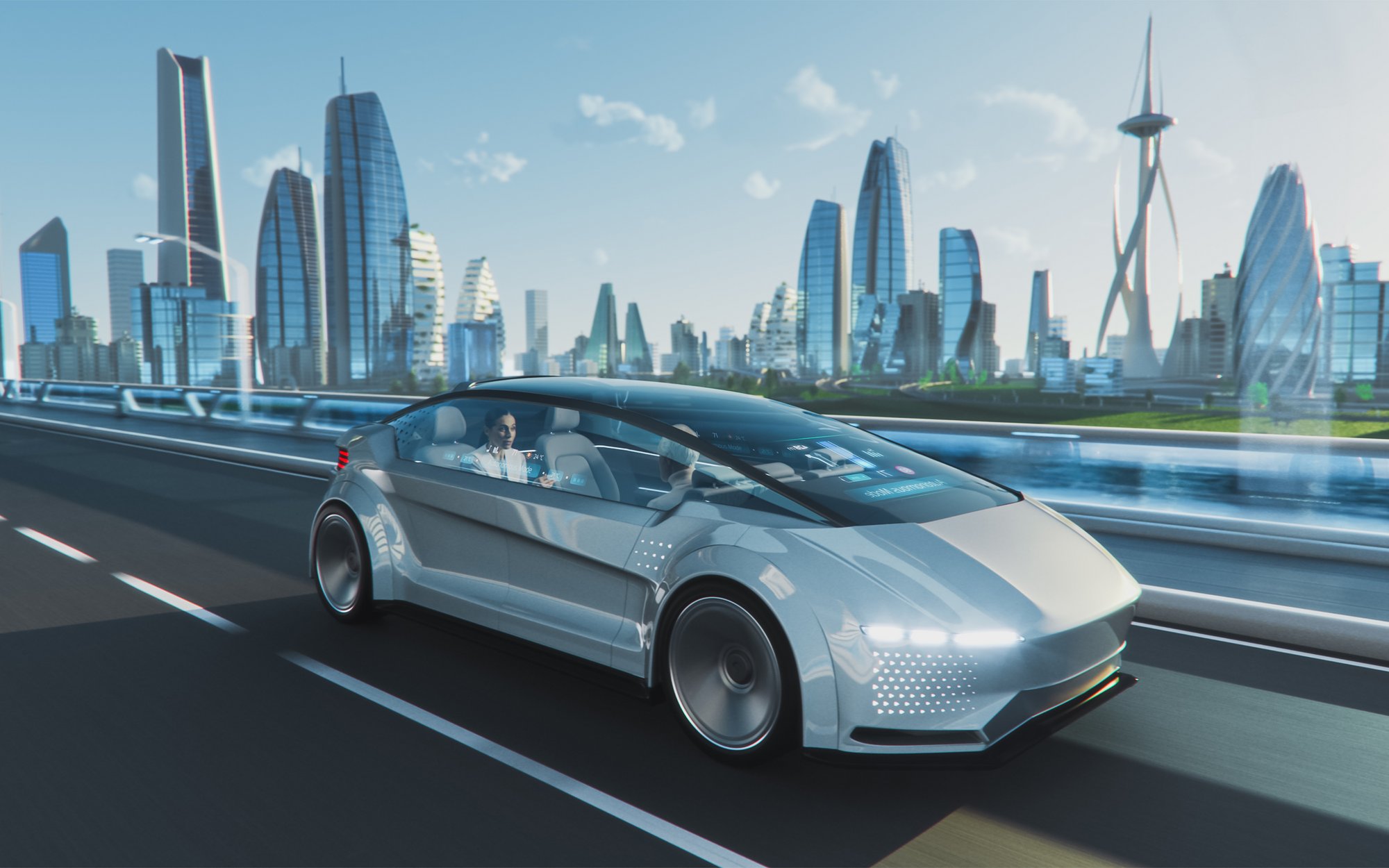 Futuristic autonomous vehicle driving through a modern city with skyscrapers – symbol of future mobility.
