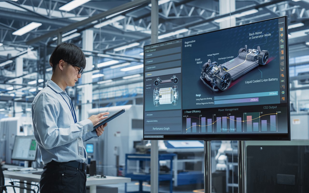 A man wearing glasses and a light blue shirt stands in an industrial hall, looking at a large vertical screen. The screen displays a detailed 3D model of a car chassis and engine, along with various charts and data. The man holds a tablet in his left hand and interacts with the display. In the background, other machinery and equipment of the hall are visible.