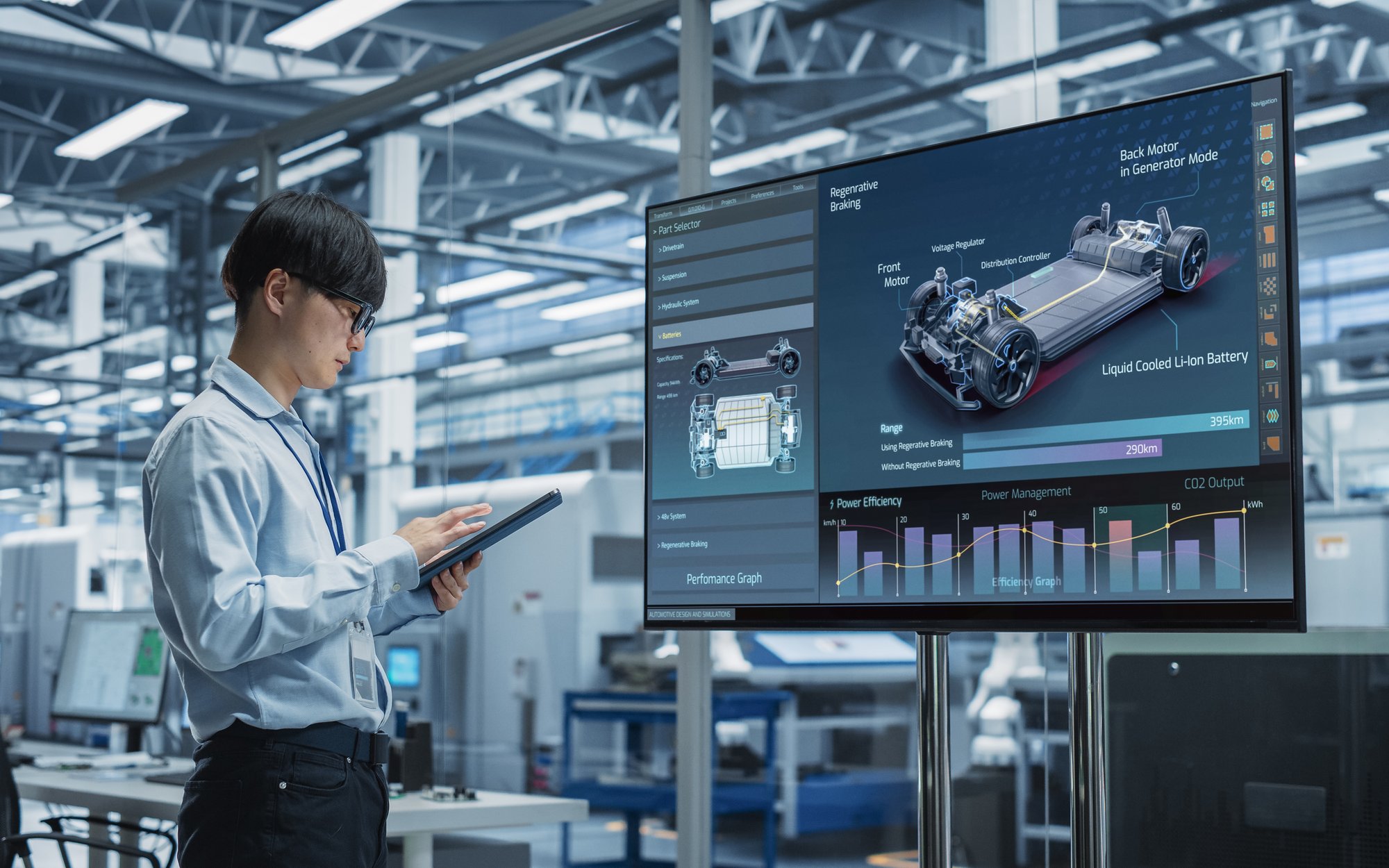 A man wearing glasses and a light blue shirt stands in an industrial hall, looking at a large vertical screen. The screen displays a detailed 3D model of a car chassis and engine, along with various charts and data. The man holds a tablet in his left hand and interacts with the display. In the background, other machinery and equipment of the hall are visible.