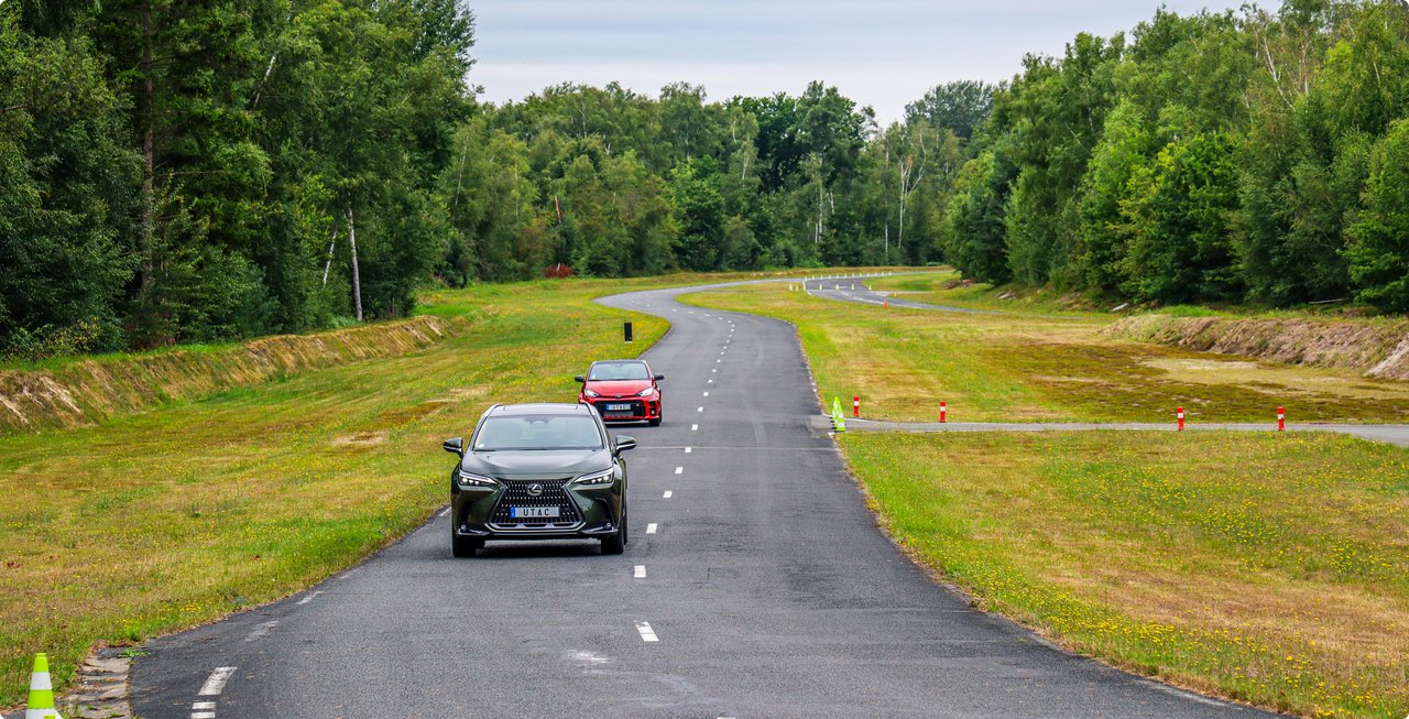 Une voiture de couleur sombre précède une voiture rouge sur une route goudronnée sinueuse et étroite, entourée d'arbres verts et de champs herbeux avec des fleurs sauvages sous un ciel légèrement couvert.