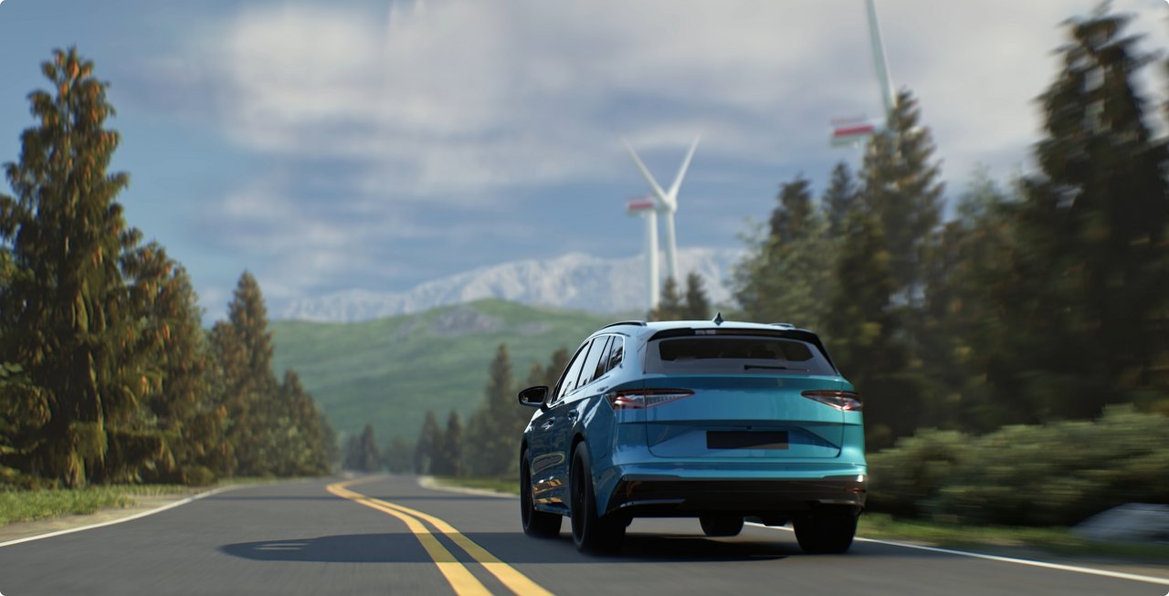 A rear view of a blue SUV driving on a winding country road lined with tall coniferous trees. In the background, mountains and a wind turbine are visible under a cloudy sky. The scene conveys a sense of travel and nature.