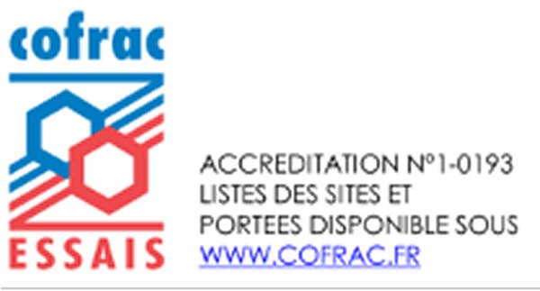 The COFRAC "ESSAIS" (Tests) logo featuring two interlocking stylized hexagons in blue and red. Next to it is the text "ACCRÉDITATION N°1-0193 LISTES DES SITES ET PORTÉES DISPONIBLES SOUS www.COFRAC.FR".