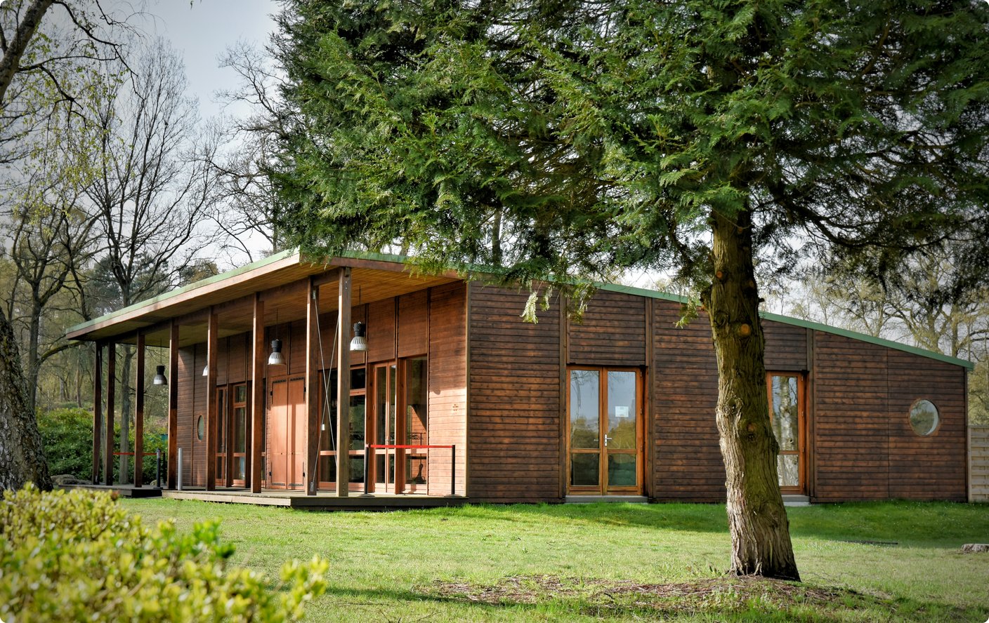A modern, single-story house with a distinct architectural style, featuring a mix of natural wood and possibly brick or textured panels, is nestled among trees in a green, grassy setting under a bright sky. The house has a covered porch area and large windows.